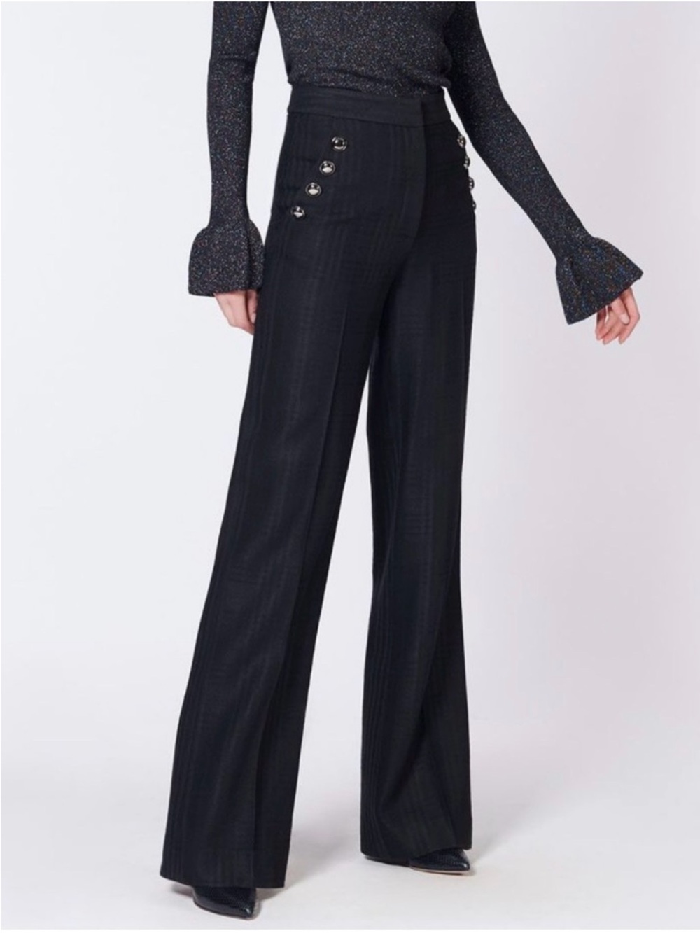 Veronica Beard Black Wide-Leg Button-Accent Textured Pants size 2
